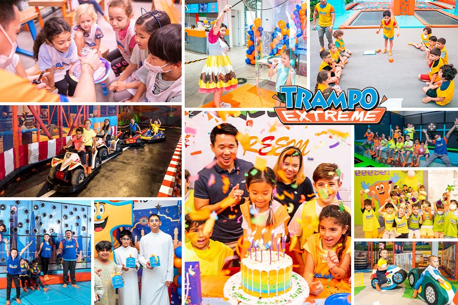 A collection of images depicting children playing in Trampo Extreme, ideal for birthday celebrations in Dubai