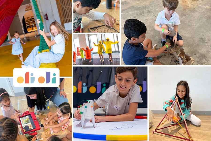 A collage of children joyfully playing with colorful toys at a fun birthday party venue in Dubai