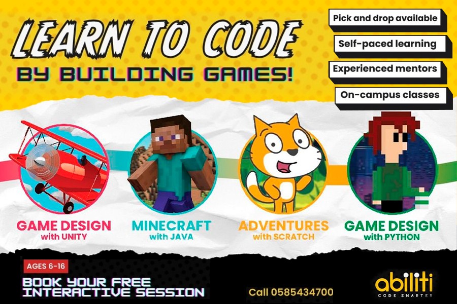 A banner with a game development course, showcasing coding classes in Dubai with engaging visuals