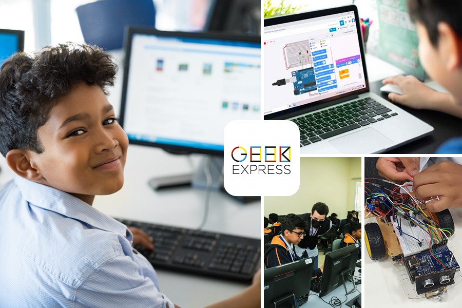 A collage featuring a boy engaged in coding on a computer, highlighting coding classes in Dubai