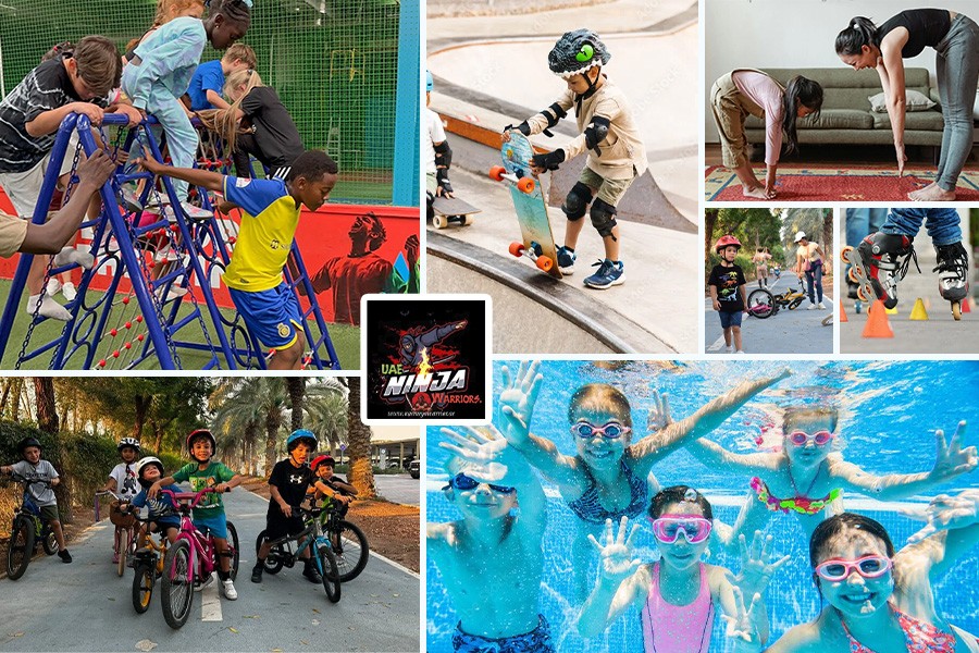 A collage of children engaged in various sports activities, highlighting top sport classes available in Dubai