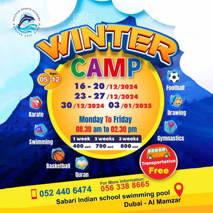 A winter camp by Dolphin Sports Academy in Abu Dhabi, featuring children enjoying activities in a festive atmosphere