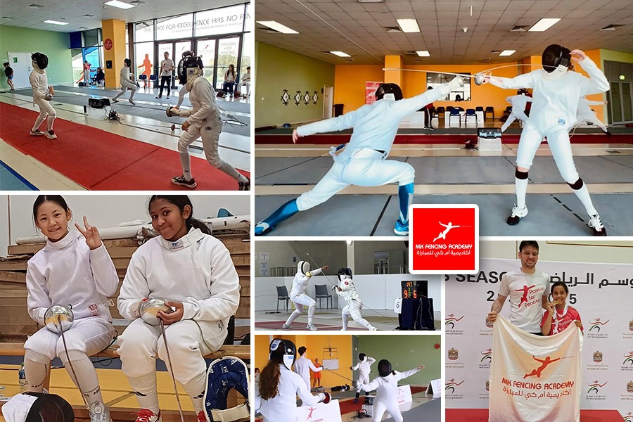 A collage featuring fencing scenes and participants, promoting top martial arts classes in Dubai