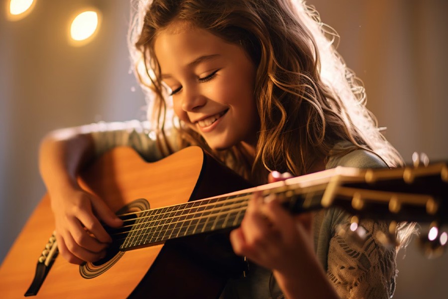 A girl enthusiastically plays an acoustic guitar, highlighting the importance of introducing children to music