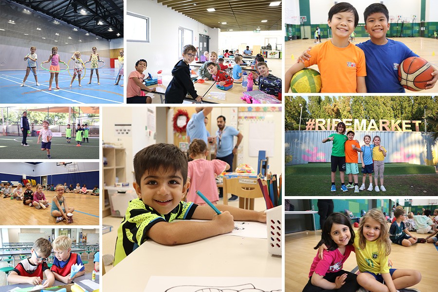 Kids having fun in a gym, captured in a lively collage from Winter Camp in Dubai