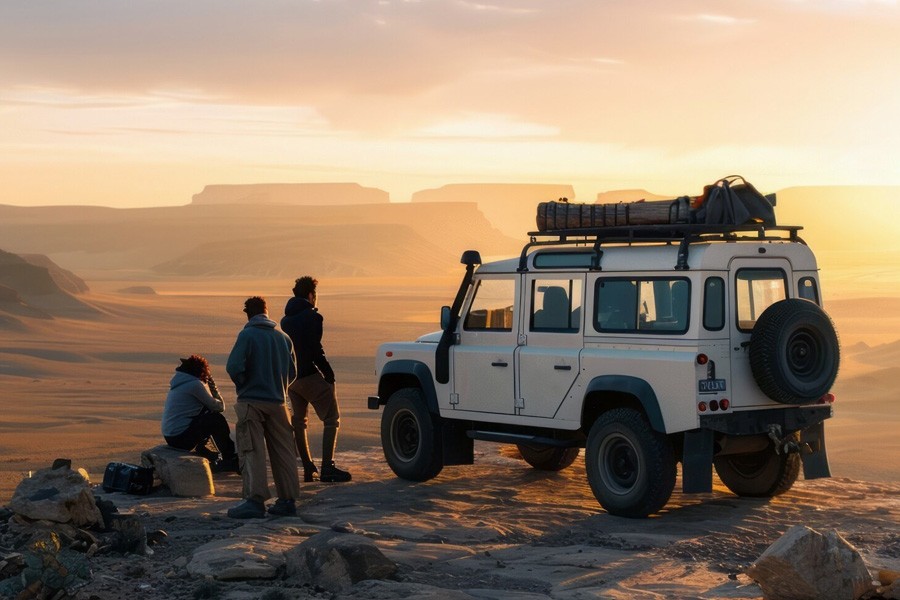 Land Rover Defender 110 4x4 cruising through the desert at sunset, showcasing Dubai's thrilling adventures