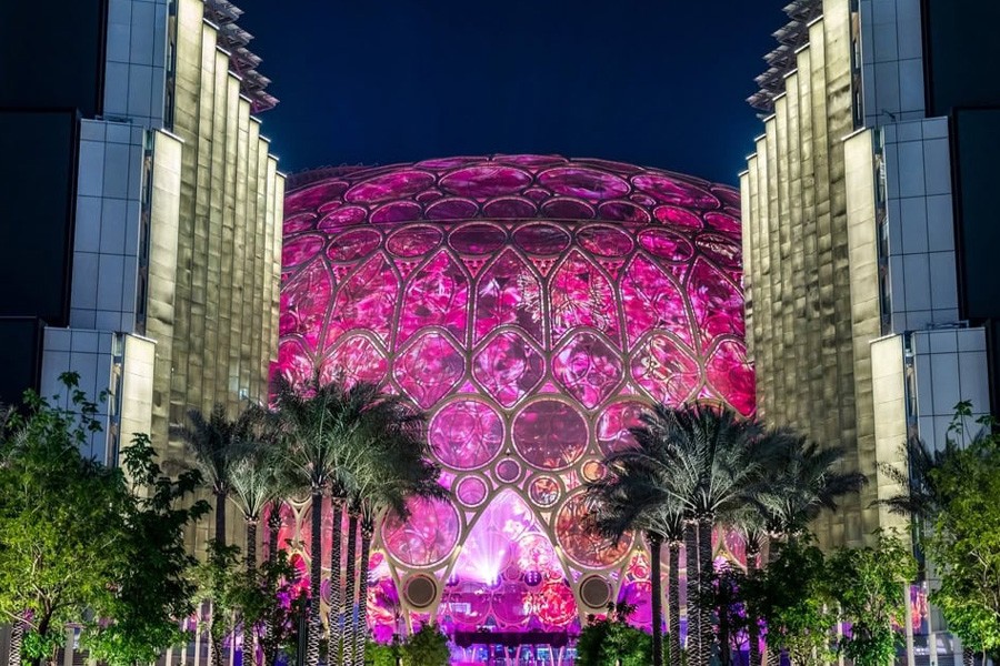 A vibrant pink dome at the Mall of the Emirates, celebrating Dubai National Day in Expo City Dubai