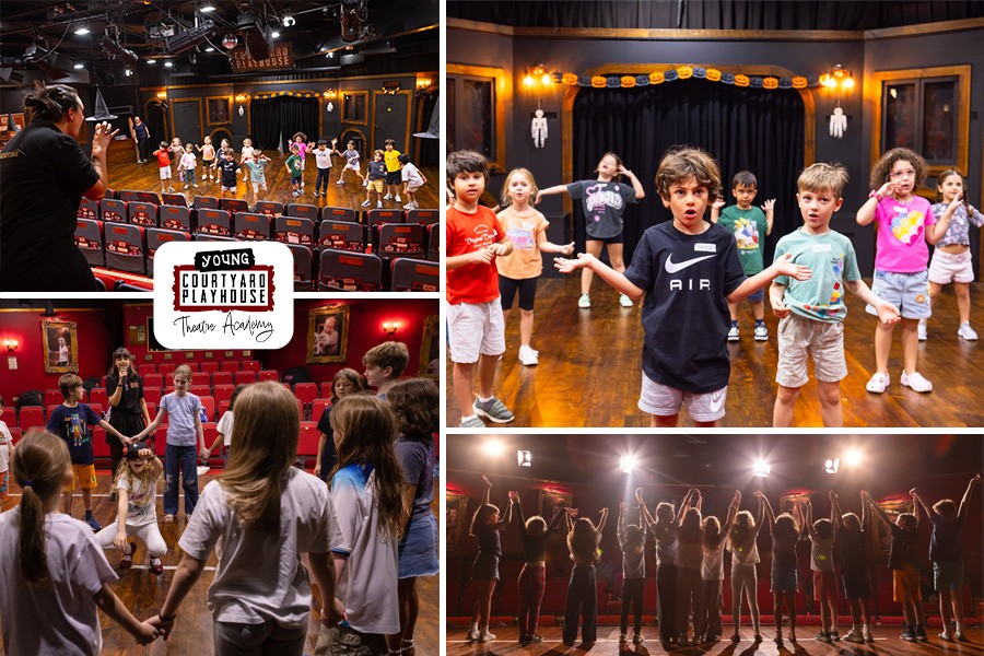 A collage of children engaged in various activities at the Courtyard Playhouse Acting Half-Term Camp in a theater setting