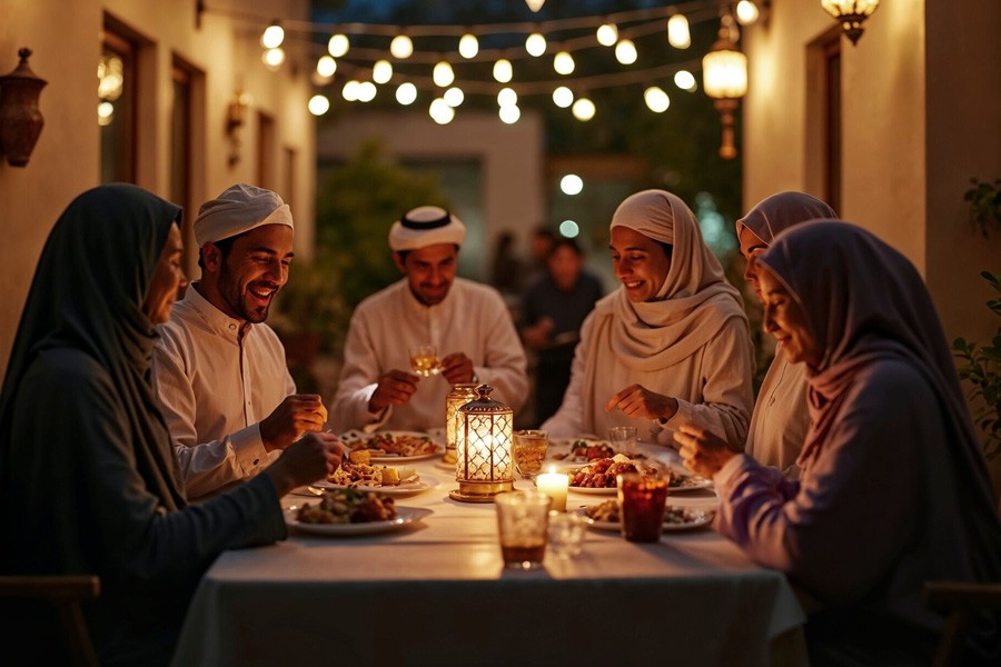 An Arabic family gathers around the dinner table, sharing a meal