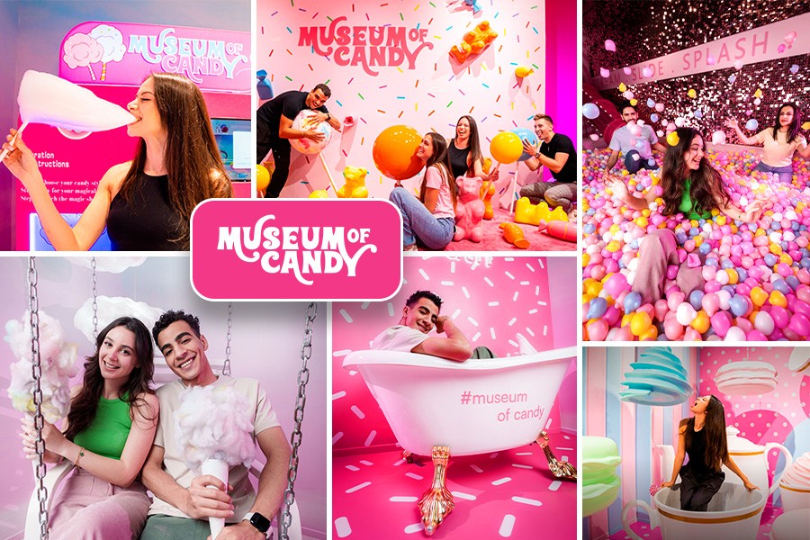 A collage featuring children and families enjoying various candies in Kid-Friendly Museum of Candy in Dubai
