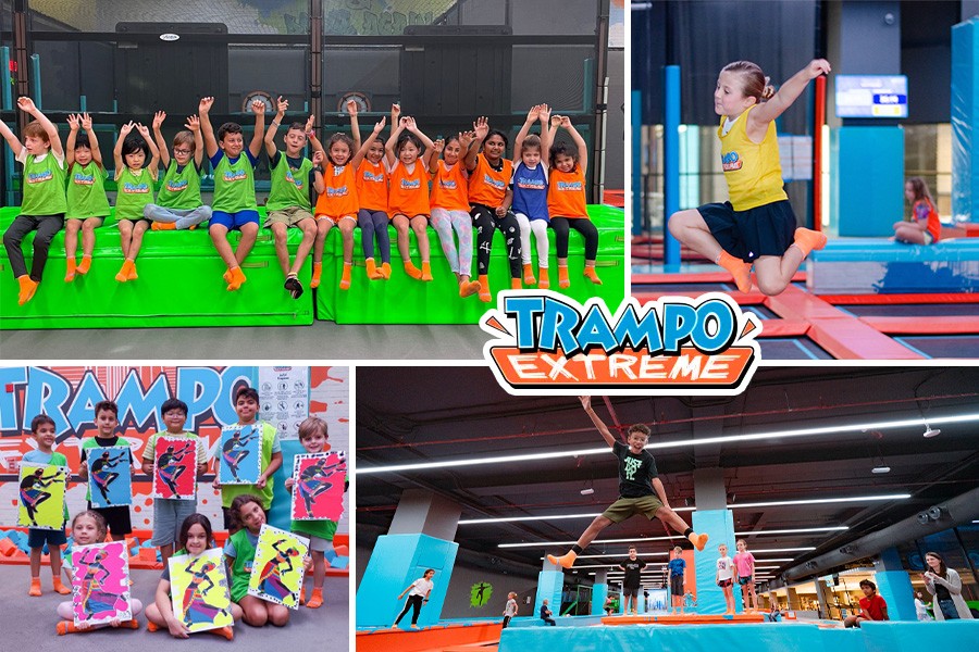 A collage of children joyfully jumping on trampolines, promoting the Best Summer Camps in Dubai for 2025