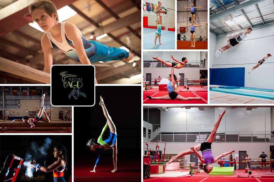 A collage of gymnasts performing various moves at Aspire Gymnastics summer camp for kids in Dubai