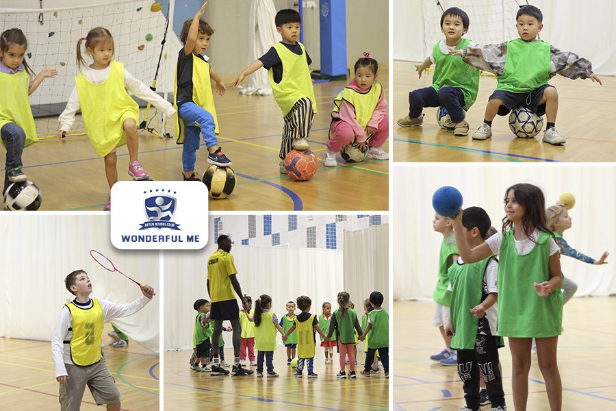 A collage of children joyfully playing with various balls at Camp by Wonderful Me, showcasing fun and active moments