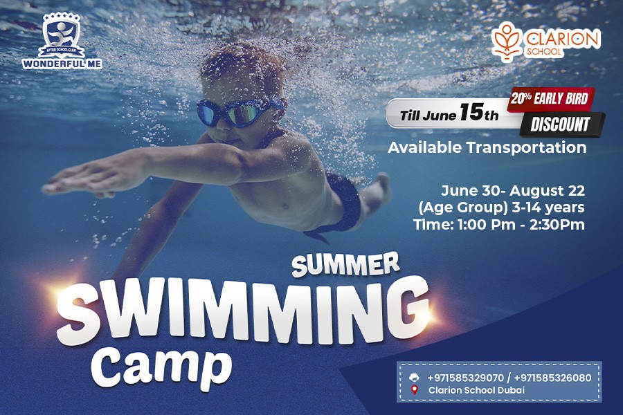 Flyer for a swimming camp featuring a boy swimming