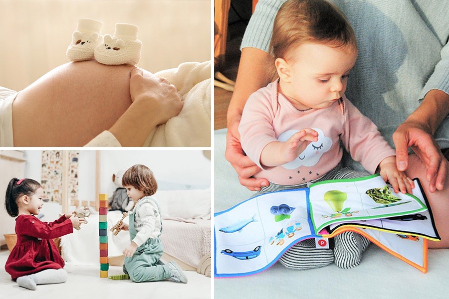 A collage featuring a baby and a woman joyfully holding a book together