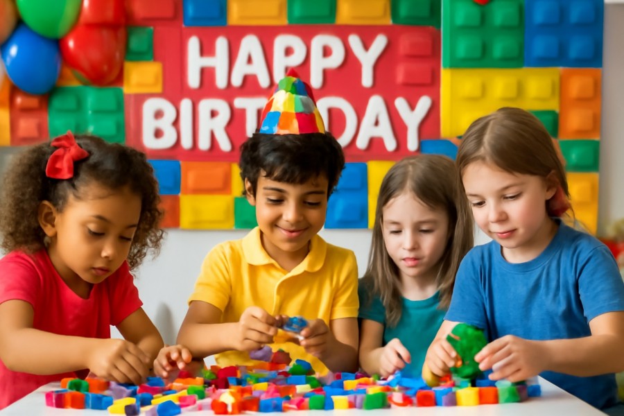 Children joyfully playing with colorful Lego blocks at a festive birthday party