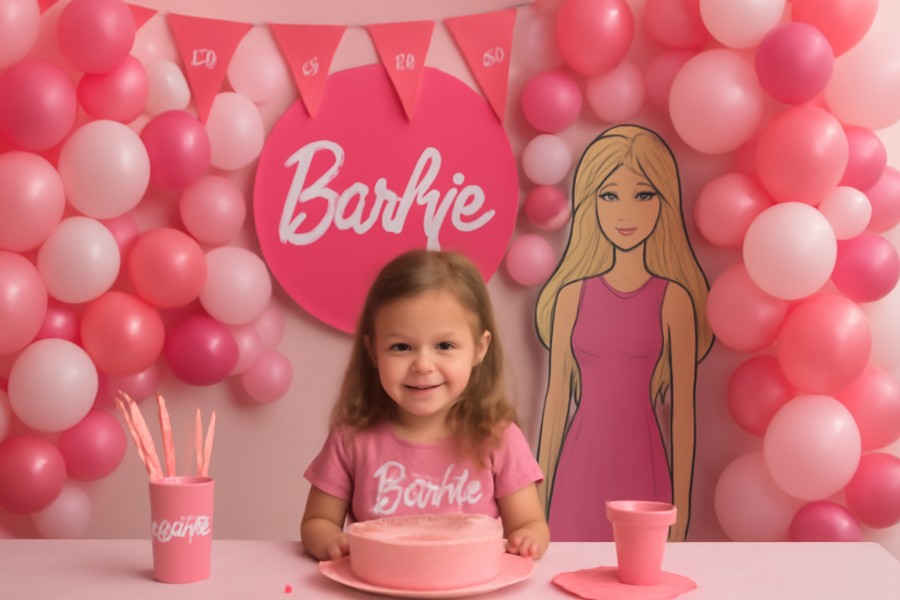 A vibrant Barbie-themed birthday party setup with pink decorations, balloons, and a cake featuring Barbie designs