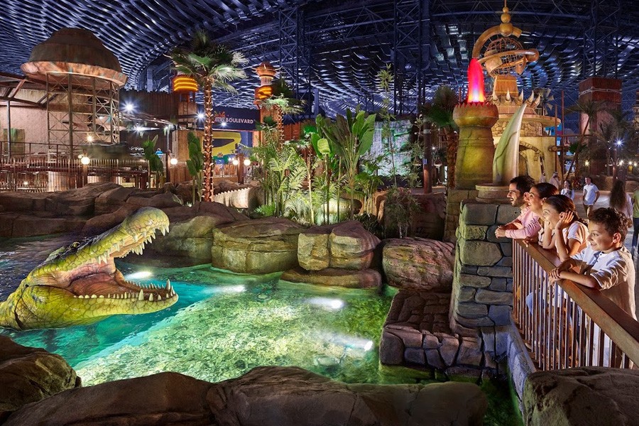 A group of people observing a crocodile in an aquarium at IMG Worlds of Adventure