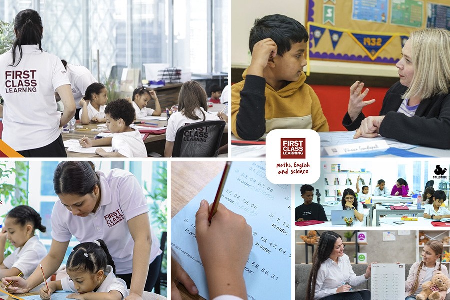 A collection of images depicting children in a classroom, emphasizing the role of top math tutors in Dubai's education