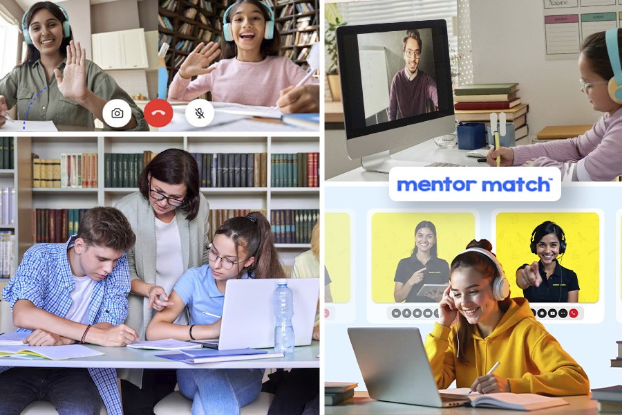 A collage of four people attending online math classes, using laptops, and interacting via video calls in Dubai