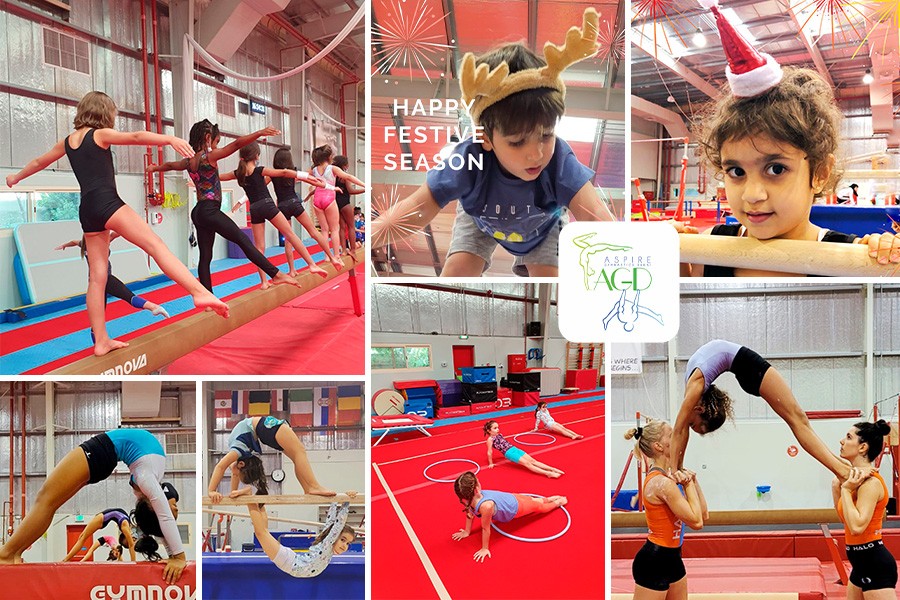 A collage of children practicing gymnastics, showcasing their skills at the Best Winter Camps in Dubai