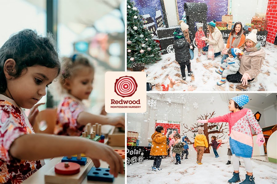 Children having fun in the snow, featured in a collage for Abu Dhabi's top winter camps 2025–2026