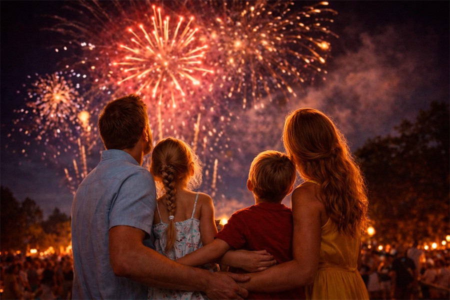 A family joyfully watching colorful fireworks illuminate the night sky during a festive celebration