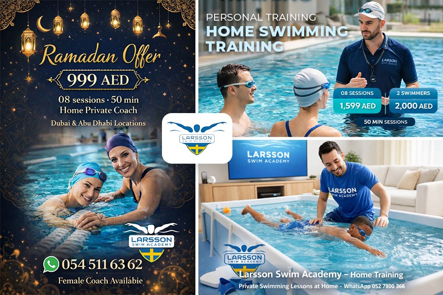 Flyer promoting spring camps for kids in Dubai, featuring a man and woman enjoying a swimming pool