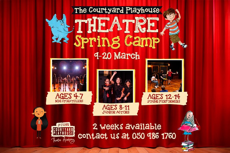The Courtyard Playhouse spring camp featuring students engaged in music and performance activities