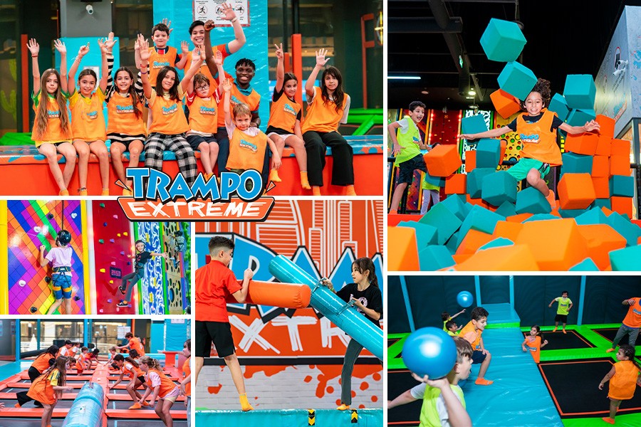 A collage of children joyfully jumping on trampolines, promoting the Best Spring Camps for Kids in Dubai