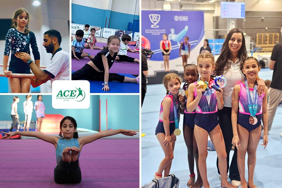 A colorful collage of children performing gymnastics, illustrating their talent and joy in Dubai's best gymnastics programs