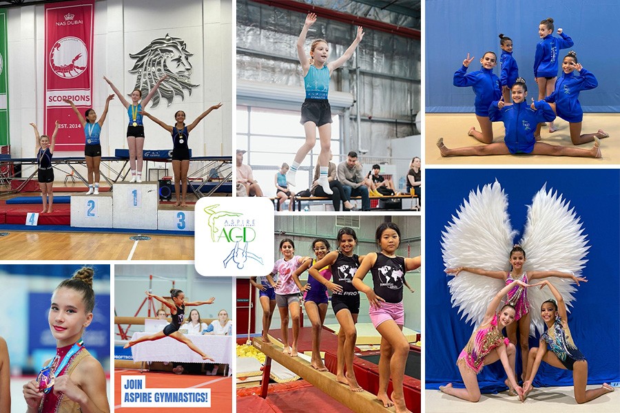 A collage featuring kids engaged in gymnastics and cheerleading, promoting the best classes in Dubai.