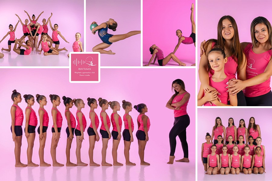 A collage of young girls in pink outfits, showcasing their joy and energy in gymnastics classes in Dubai