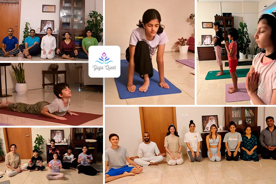 A collage of children practicing yoga poses in various settings, highlighting top yoga and fitness classes for kids in Dubai