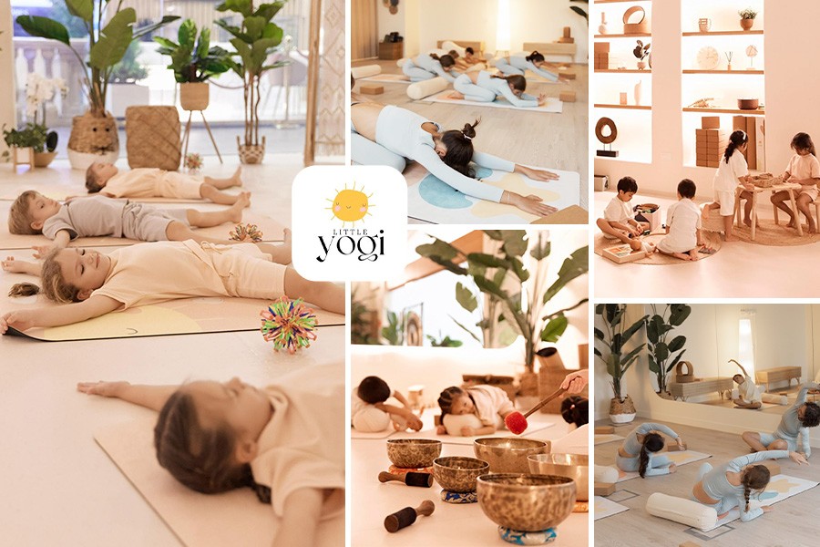 A colorful collage of children doing yoga, showcasing popular yoga and fitness classes for kids in Dubai