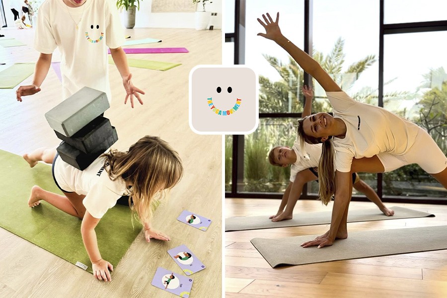 Two images of children practicing yoga in a bright room, showcasing fun and engaging fitness activities for kids in Dubai