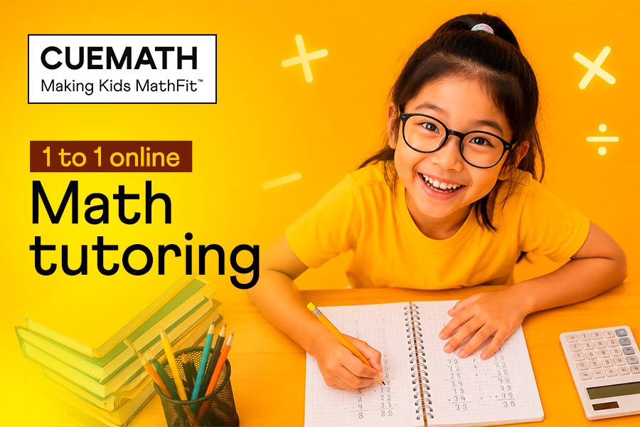 A young girl with glasses is seated at a desk, engaged with a calculator and notebook, illustrating a learning environment