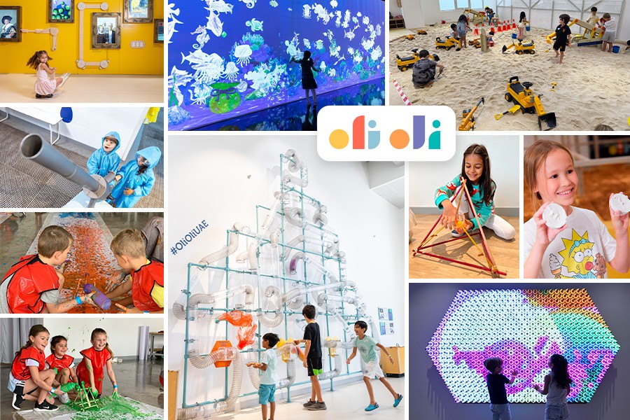 A collage of children engaging in creative activities at an art exhibit, showcasing joy and artistic expression