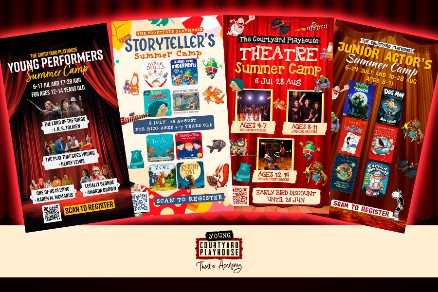 Theatre poster design promoting summer camps for kids in Dubai, featuring vibrant colors and engaging graphics