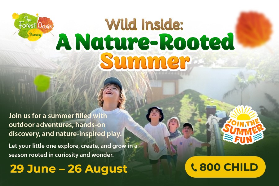 A vibrant summer scene showcasing children exploring nature at a camp in Dubai, surrounded by greenery and wildlife