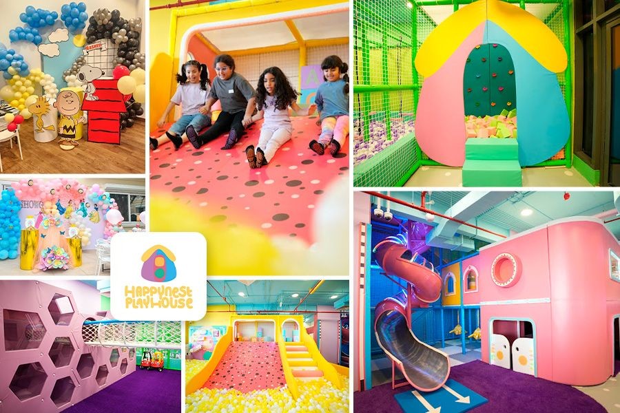 A collage of children enjoying various activities in a vibrant play area at a summer camp in Abu Dhabi