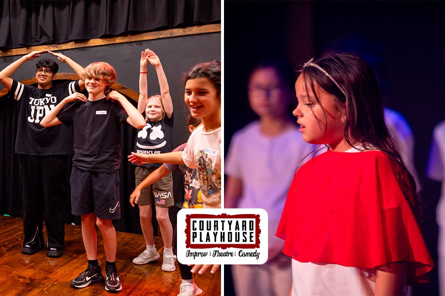 Two images of children performing on stage showcasing an engaging after-school program in Dubai.
