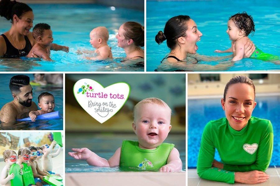 A collage featuring a baby enjoying playtime in a pool, showcasing fun and safe aquatic activities for children