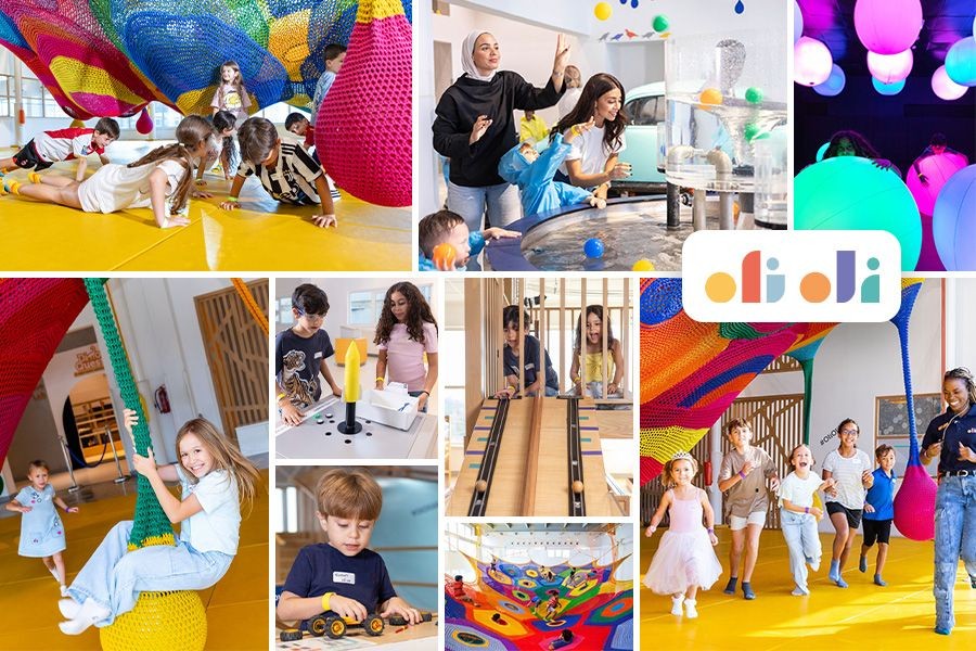 A collage of children joyfully playing with colorful toys at a fun birthday party venue in Dubai