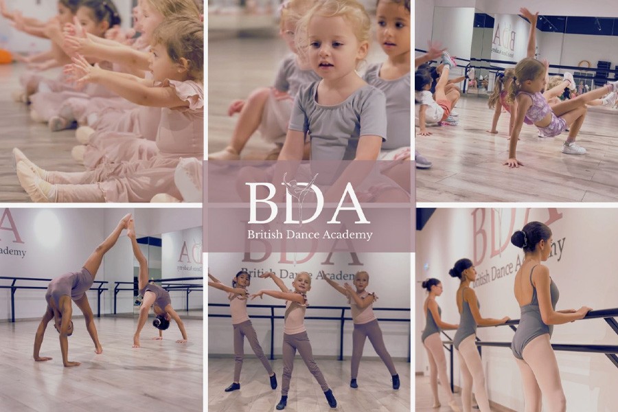 A collage of children practicing ballet at a British dance academy in Dubai, showcasing their movements and expressions