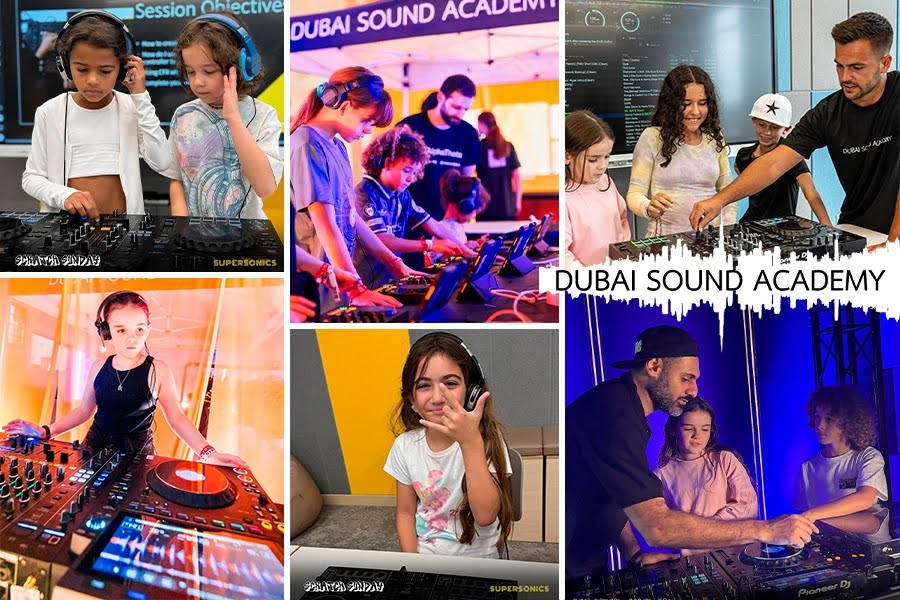 A collage of children engaging with DJ equipment during an arts and crafts class in Dubai